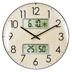 ナチュラル_電波：33.5 Nbdeal 掛け時計 電波時計 温度 湿度 日付 曜日表示 直径33.5cm アナログ 夜間秒針停止機能付き 静音 球面ガラス DYJ-1687 ナチュラル