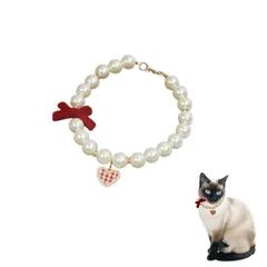 Sunny Glow ペット 首輪 フェイクパール ネックレス 猫 小型犬用 リボン チェック柄 ハート チャーム付き ラインストーン 調節可能 アクセサリー (レッドXS) 