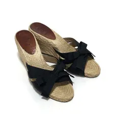 ●Christian Louboutin クリスチャンルブタン サンダル 36/am-A-205-5451-.5/ウェッジソール/黒リボン/高級/おしゃれ/正規品/本物