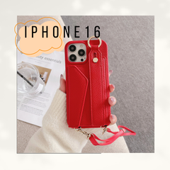 スマホケース(赤) iPhone 16 ケース ショルダー iPhone 16pro ベルト付 iphone 16 ケース ストラップ レザー iphone 16pro max ケース ベルト付き 背面ポケット カード収納 iphone 16pro 韓国