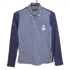 【美品】23区ゴルフ 長袖ポロシャツ ネイビー×ライトグリーン ストライプ 袖・背面微起毛  レディース 0(S) ゴルフウェア 23区