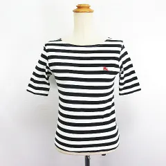 バーバリーズブルーレーベル Burberry's BLUE LABEL Tシャツ カットソー 五分袖 ラウンドネック ボーダー ロゴ コットン M ブラック×ホワイト ※EKM