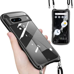【迅速発送】Google Pixel 7a ケース クリア ショルダー ストラップ付き グーグル ピクセル7a カバー 透明 肩掛け 斜めかけ TPU シリコン メッキ加工 耐衝撃 全面保護 薄型 韓国 可愛い 縄掛け スマホケース （ブラック）のサムネイル