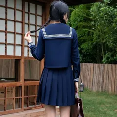 セーラー服 紺色 女子高生 点セット ハロウィン 仮装 制服 コスチューム 長袖 前開き 上下セット プリーツスカート 人気 女子制服 本格制服 紺三本 文化祭 学???歳 卒業式 清純 可愛い ネイビーHZQ6039