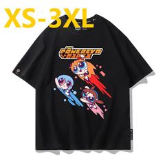 美品！！  EVA 新世紀エヴァンゲリオン× パワーパフガールズ The Powerpuff GirlsＴシャツ 半袖 夏  コットン100％ ブラック  背面無地 XS-3XL