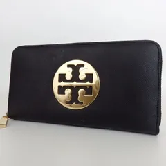 【Tory Burch】トリーバーチ ロゴ入り 長財布 ラウンドファスナー ブラック ゴールド レザー レディース【中古】5-3 41350