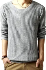 NEIMAN BY(ニーマンバイ) メンズ カットソー ニットソー Uネック ワッフル 鹿の子編み シンプル 長袖 お洒落 スリム 素材 大人ぽい 5S-N08-LGM(ライトグレー,  M)