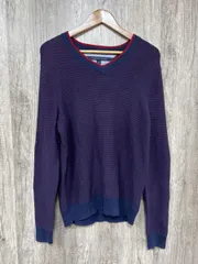 TOMMY HILFIGER トミーヒルフィガー ボーダー ワイド幅 ニット セーター sizeM/濃紺 ◆■◎メンズ