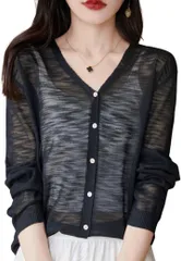 Dep Club 薄手カーディガン レディース オフィス uv 長袖 冷房対策 事務服 紫外線カット カーデガン 羽織るもの 羽織り(ブラック,  XL)