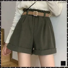 ベルト付き ショートパンツ コーデュロイ 裏起毛 ショーパン レディース ロールアップ短パン 美脚脚長 着やせホットパンツ ウエストゴム ボトムス 大人カジュアル 抜け感半ズボン秋冬 ワイドレッグ短パン 無地イージーパンツ