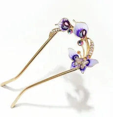 S.T.S.G 簪 かんざし バチ型 髪飾り 2本足 二本挿し 和装 振袖 浴衣アンティーク ペア 蝶 フラワー 花 ヘア アクセサリー アレンジ(紫色)