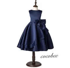 新品こどもドレスキッズワンピース発表会　ネイビー色　リボン付き人気ドレス七五三撮影コーデフォーマルドレス入学式卒業式コンクール結婚式　発表会ドレス　お誕生日