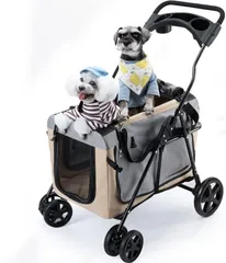 Pandaloli ペットカート 犬 バギー ベビーカー:中型犬 小型犬 猫 多頭 カート 4輪 軽量コンパクト 耐荷重25Kg 前輪360°回転 後輪ブレーキ付き 飛び出し防止リード2本付き 折りたたみ 組み立て簡単 ベージュ色