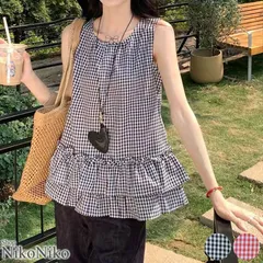 ショップにこにこ ギンガムチェック ティアードフリル ノースリーブチュニック ma 【即納】韓国カジュル ガーリー チュニック チュニックワンピ ミニワンピース トップス ブラウス 高身長 低身長