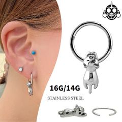 キャプティブビーズリング ボディピアス 16G 14G 猫 CAT ステンレスピアス つけっぱなし リングピアス ロブ 軟骨ピアス
