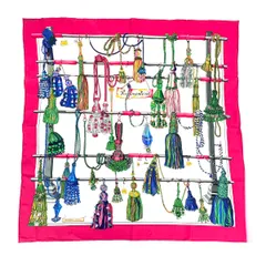 HERMES エルメス スカーフ  カレ90/Passementerie/飾り紐/タッセル   シルク100％ ホワイト×フューシャピンク レディース / 241001003654