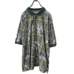 ポロシャツ 切替 総柄ボタニカル レトロ 異素材 リンガー ハーフボタン 