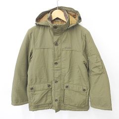 クロコダイル CROCODILE ダウンジャケット コート マウンテンパーカー ジップアップ フード コーデュロイ ロゴ ワッペン ナイロン カーキ M