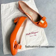 美品 SalvatoreFerragamo サルヴァトーレフェラガモ ヴァラリボン パンプス オレンジ ゴールド金具 7D 24cm