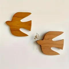 鳥 バード オブジェ 2個 2羽 セット インテリア 置物 ウォール デコレーション 北欧風 木材 ウッド 壁付け 粘着 取り外し可能 アート 芸術 木製 3色 手作り リビング