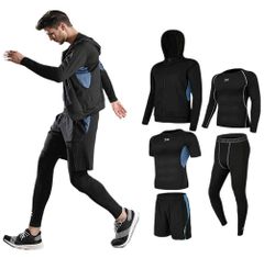 【数量限定】ハーフパンツ 半袖シャツ 長袖シャツ タイツ パーカー ランニングウェア スポーツウェア 通気防臭 5点セット 吸汗速乾 トレーニングウェア メンズ セット コンプレッションウェア [foveitaa]