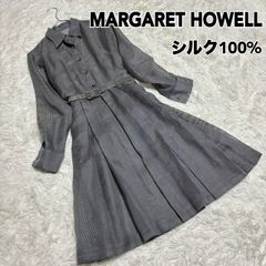 MARGARET HOWELL マーガレットハウエル ワンピース シルク100% キュプラ ストライプ プリーツスカート ベルト 長袖 カフスボタン レトロ 日本製