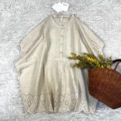 新品 ￼コットンリネン 刺繍ブラウス ボックスシルエット ベージュ フリー
