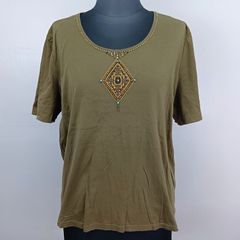 Leilian レリアン ビーズ 刺繍 カットソー Tシャツ サイズ 13＋ オリーブ系