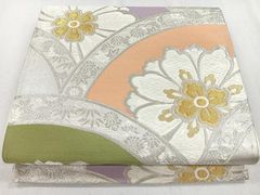 平和屋着物◎九寸名古屋帯 刺繍 草花文 鬼しぼ縮緬 正絹 逸品  