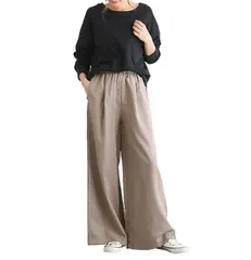 L_ベージュ [Four leaf] ワイドパンツ レディース 春夏 ガウチョパンツ ウエストゴム 大きいサイズ (L, ベージュ)
