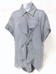 CHANEL シャネル ruffled silk blouse ブラウス 半袖 ストライプ ホワイト ネイビー フリル シルク サイズ：38 22SS P72681V64385 美品