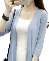 world resilience カーディガン レディース ロング 秋 薄手トップス 羽織り 七分袖 日よけ 無地 カジュアル 冷房(水色,  XL)