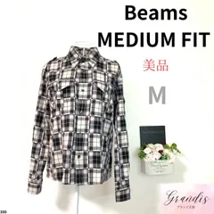 ★美品★ Beams MEDIUM FIT ビームスミディアムフィット メンズ 長袖 チェック柄 胸ポケット 左腕にポケット 白×黒 肩章付き エポレット