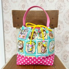 ふんわり巾着バッグ☆2WAY☆レトロアニマル☆ランチトート☆ミニトート