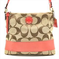 良品 COACH コーチ シグネチャー キャンバス レザー ショルダー バッグ オレンジ a4822