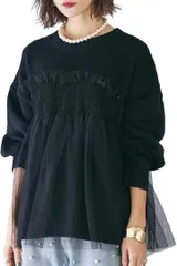 blue beryl チュールドッキングニット プルオーバー レディース 長袖 ラウンドネック ゆったり ボリューム袖 チュニック丈 秋冬 ボリュームスリーブ 楽ちん シャレ感 モダン ラブリー デイリー使い きれいめ 抜け感(ブラック,  M)