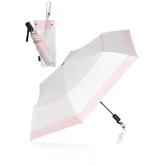 KIZAWA 日傘 超軽量 カーボン傘 ワンタッチ 自動開閉 uvカット 100 遮光 折りたたみ日傘 5級撥水 日傘兼用雨傘 レディース 完全遮光 遮熱 折り畳み日傘 6本骨 親骨53cm (【ボーダー】オフ×ピンク) 0