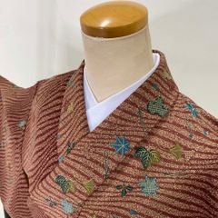 小紋 単衣 洗える着物 裄66.5 身丈162.5 お洒落着 普段着 ポリエステル 茶色 美品 M サイズ 3946