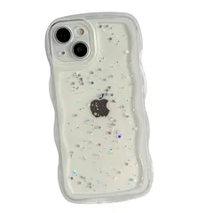 きらきら iPhone13 Pro ケース クリア 透明 ラメ入り 星 キラキラ ウエーブ 波型フレーム かわいい アイフォン13 Pro カバー 大人 可愛い デコレーション 女性 人気,白 1