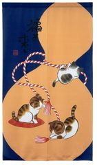 ひょうたんと猫のれん巾85x丈150cm福よ来い-niil