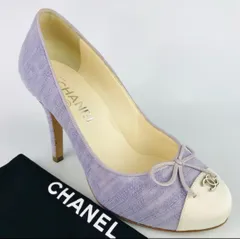 良品★CHANEL・シャネル レディース レザー切替し バイカラー メタルココマーク リボンデザイン パンプス (36.5) ブランド イタリア製 レディース 靴 ライトパープル