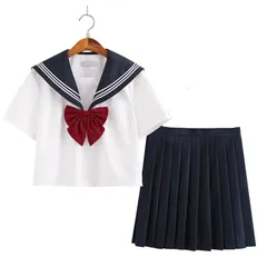 新品 [DERAYEE] セーラー服 コスプレ 前開き 女子高生 4点セット 制服スカート 学生服 仮装 JK 赤いリボン スカート ストッキング 白 紺