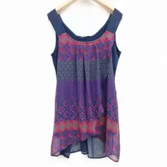 デシグアル Desigual 美品 ブラウス カットソー ノースリーブ  クルーネック チュニック シアー 総柄 ネイビー L
