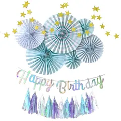 regalo 誕生日 飾り付け 男の子 セット ガーランド デコレーション HAPPY BIRTHDAY ペーパーファン 装飾 お祝い 記念日 (ミルキーブルー)