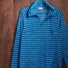 Columbia コロンビア　フリース　ハーフジップ　青系ボーダー　左袖ワンポイント刺しゅう　ラグラン袖　サイズＬ