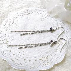 ［p60］アイオライトとシルバーリーフとチェーンのピアス/イヤリング*天然石/誕生石/ロング/サージカルステンレス