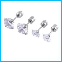 【迅速発送】ピアス レディース サージカルステンレス メンズ 立爪 ジュエル キュービックジルコニア ネジ式 キャッチ リバーシブル 両耳用 男女兼用 【3mmと5mmのセット】 (3mmと5mm シルバーホワイト)