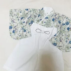 ベビー袴　ハンドメイド　ベビー着物　ブルー系花柄　白　60 70 80サイズ