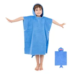 新品 バスローブ キッズ ベビー 子供 バスポンチョ フード付き バスタオル ビーチタオル プールタオル 赤ちゃん 男の子 女の子 綿100％ ガーゼ タオル 水遊び お風呂 出産祝い ギフト プレゼント (A.シャーク柄（ブルー）)