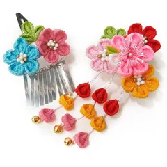 七五三 髪飾り 三歳 七歳 日本髪 つまみ細工 赤 花 2個セット ピンク 水色 オレンジ パッチン留め かんざし ちりめん ビラ お No.9-4107